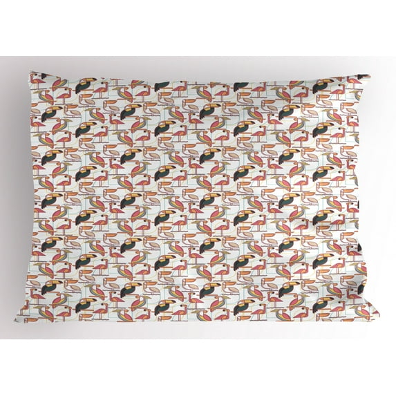 Ambesonne Birds Pillow Sham, Minimalist Exotic Parrots, 26" X 20", Multicolor