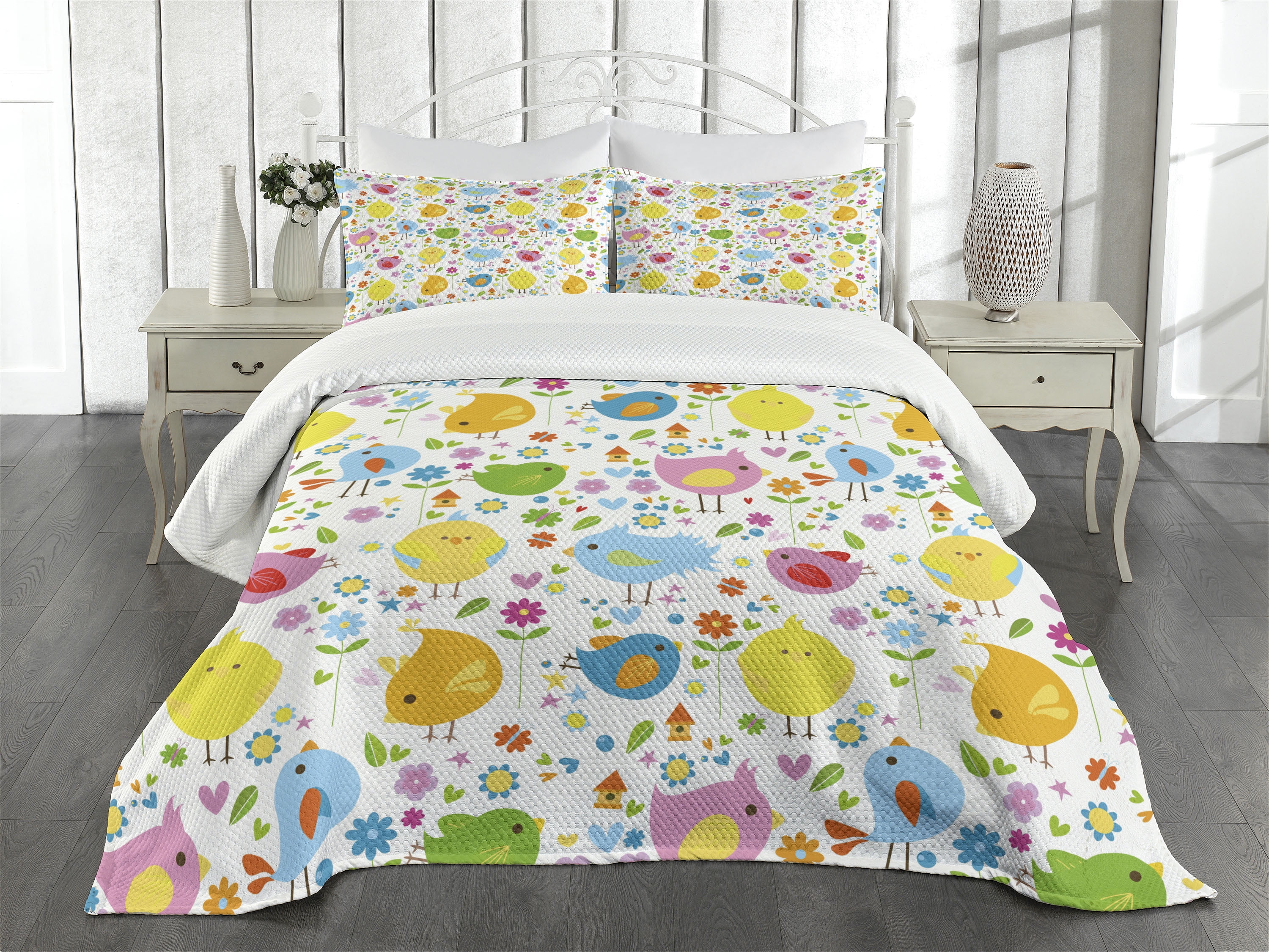 Colorful Birds and Flowers King Size White Bedspread Set