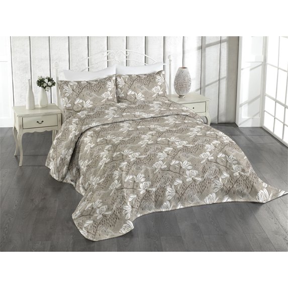 Ambesonne Birds Quilted Coverlet 2 Pcs, Boho Pattern Magnolia Floral, Twin Size, Umber and Pale Taupe