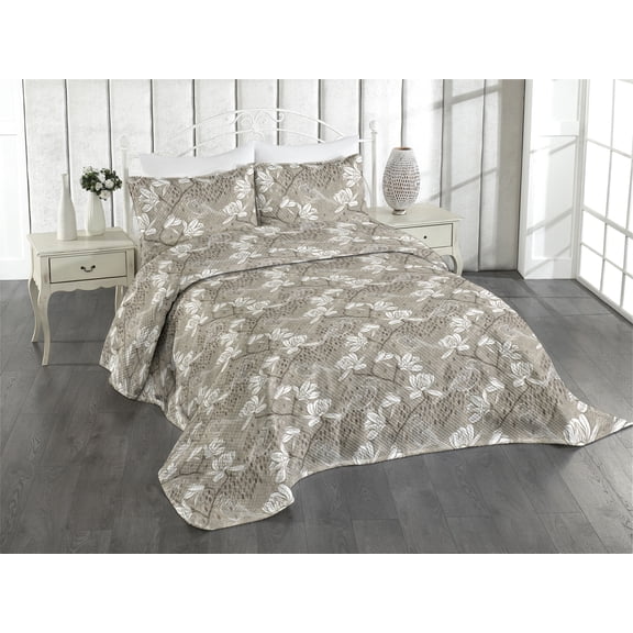Ambesonne Birds Quilted Coverlet 3 Pcs, Boho Pattern Magnolia Floral, King Size, Umber and Pale Taupe