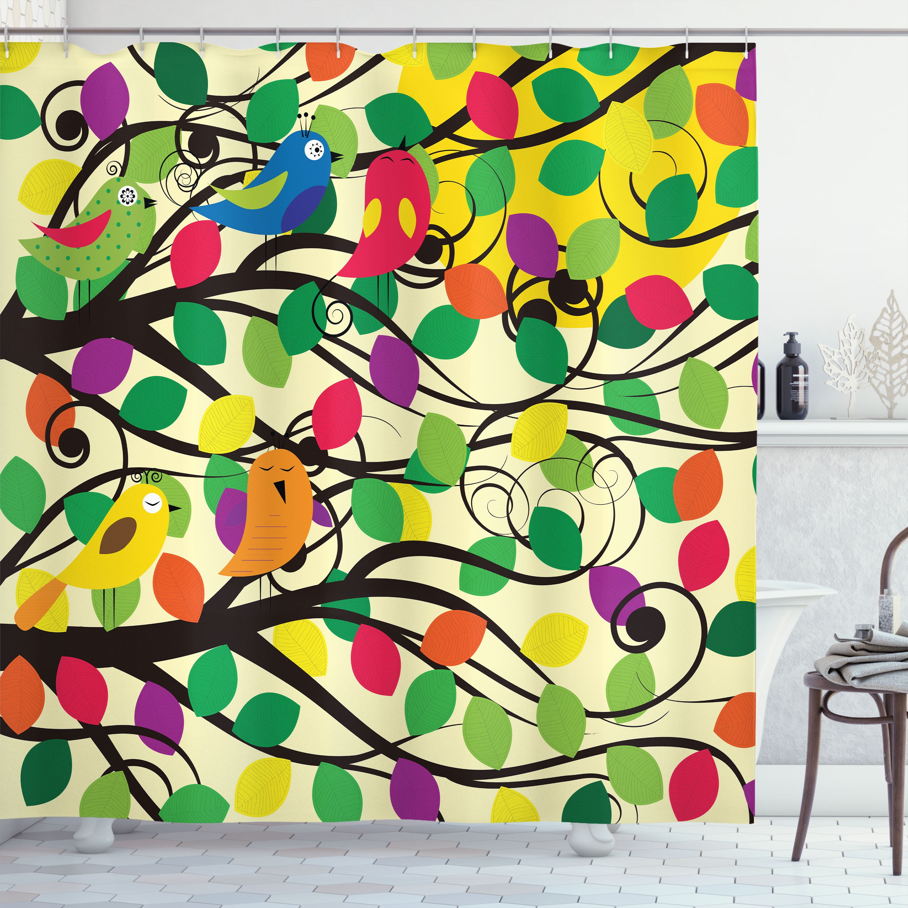 Multicolor Birds and Leaves Fabric Shower Curtain with Hooks