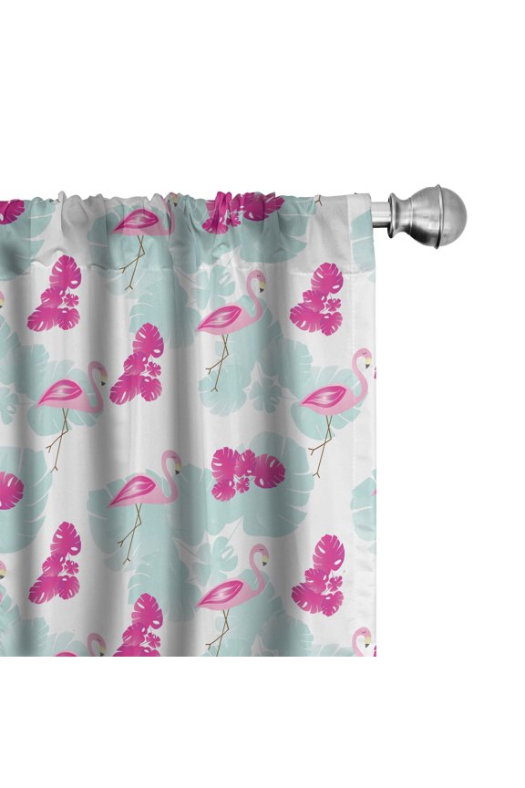 Birds Theme Curtains, Flamingos Monsteras Art, Pair of 28"x63", Hot Pink and White