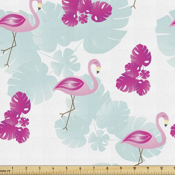 Ambesonne Birds Theme Fabric by the Yard Upholstery, Flamingos Monsteras Art, 2 Yards, Hot Pink and White