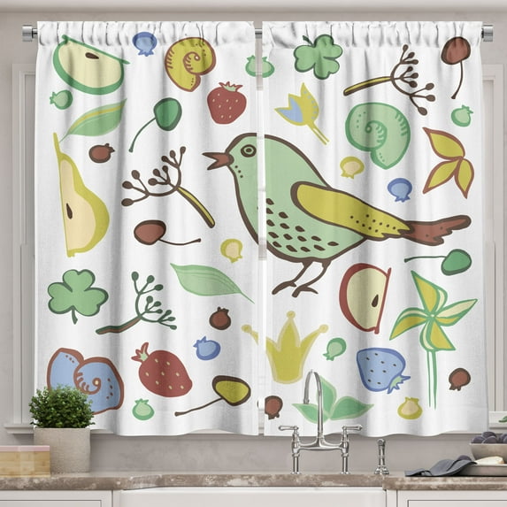 Ambesonne Birds Theme Kitchen Curtains, Cartoon Fruits Nature, 55"x39", Pale Green and Ceil Blue
