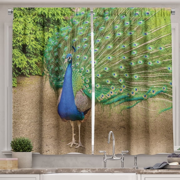 Ambesonne Birds Theme Kitchen Curtains, Exotic Peacock Print, 55"x30", Olive Green Caramel and Fawn
