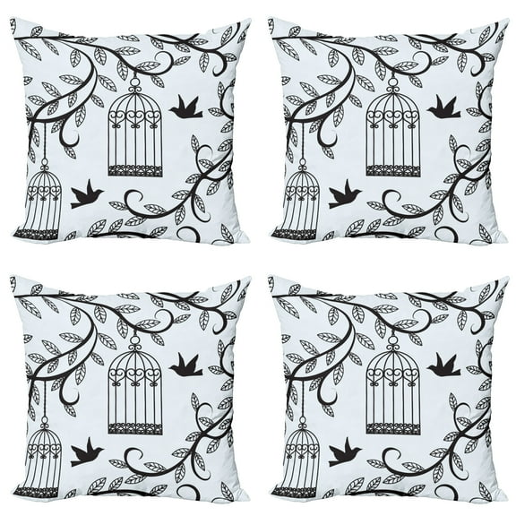 Ambesonne Birds Throw Pillow Cover 4 Pack, Branch of Floral Tree, 18", Blue Black