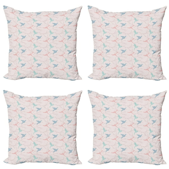 Ambesonne Birds Throw Pillow Cover 4 Pack, Flying Bird Branches Graphic, 20", Pale Rose Pale Seafoam