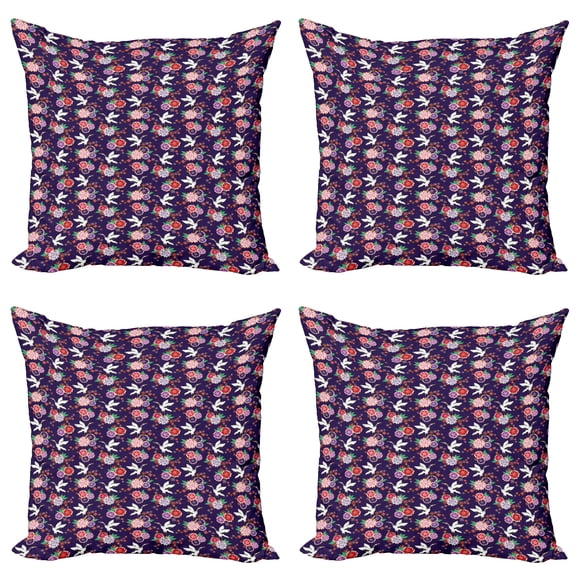 Ambesonne Birds Throw Pillow Cover 4 Pack, Flying Crane and Flowers, 18", Multicolor