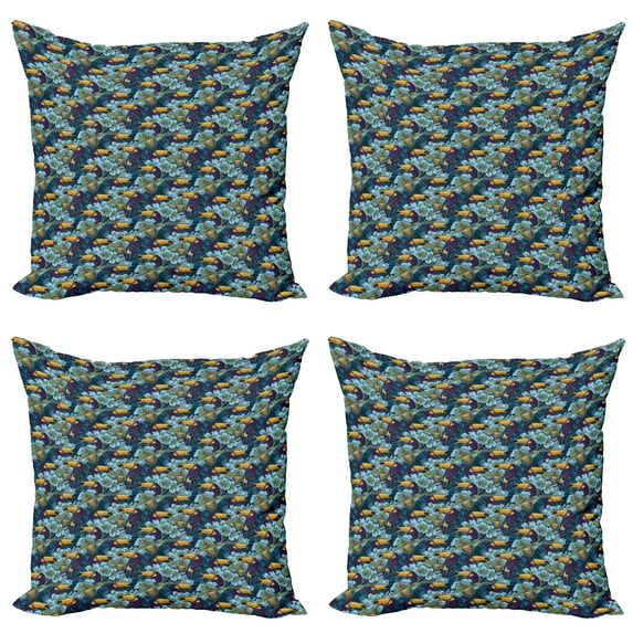 Ambesonne Birds Throw Pillow Cover 4 Pack, Keel-Billed Toucan Bird, 24", Earth Yellow Turquoise