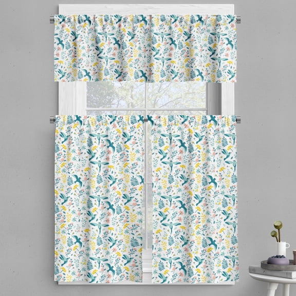 Ambesonne Birds Valance & Curtain, Spring Themed Flowers Graphic, 55"x30", Yellow Seafoam and Coral