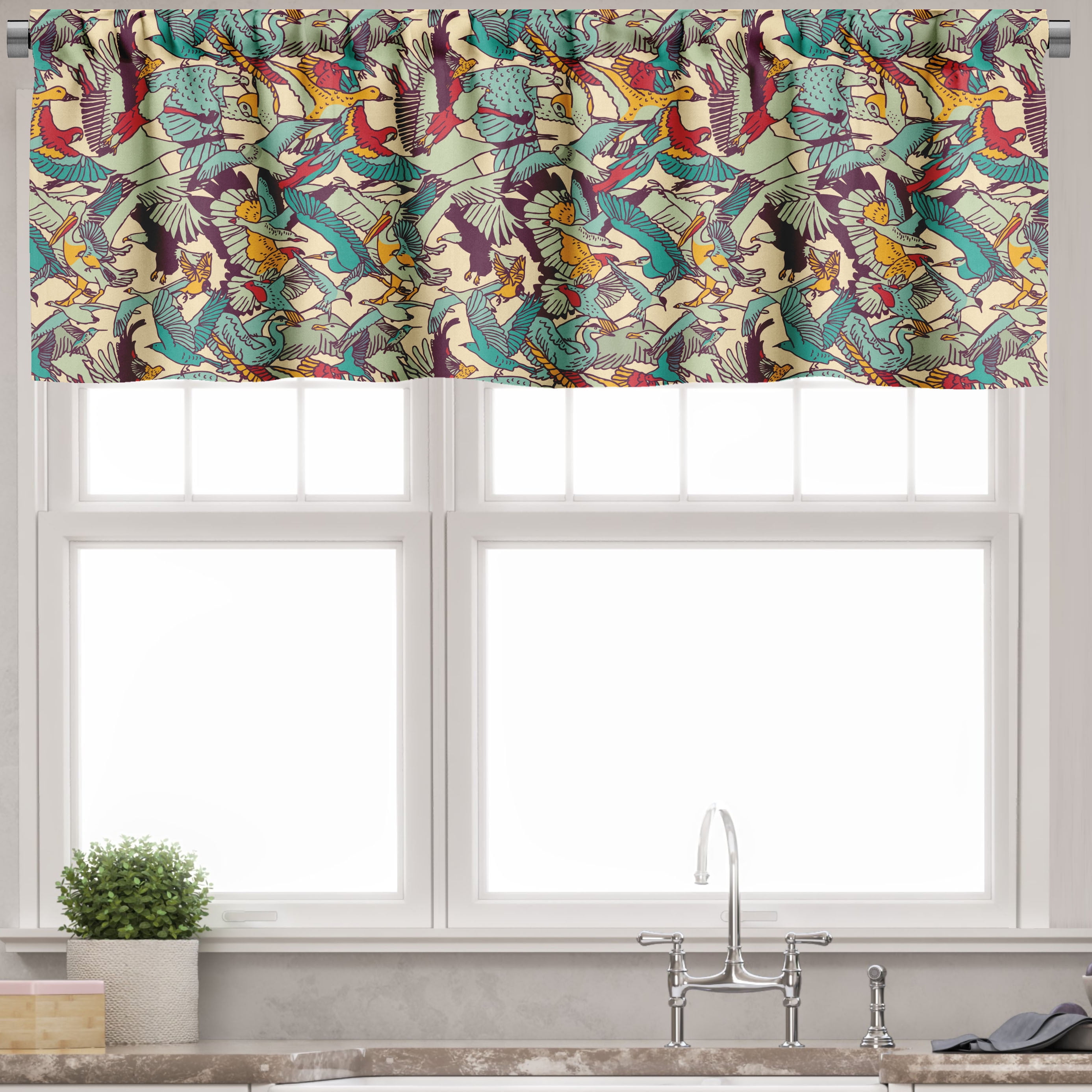 Champagne Multicolor Satin Bird Pattern Rod Pocket Valance Set
