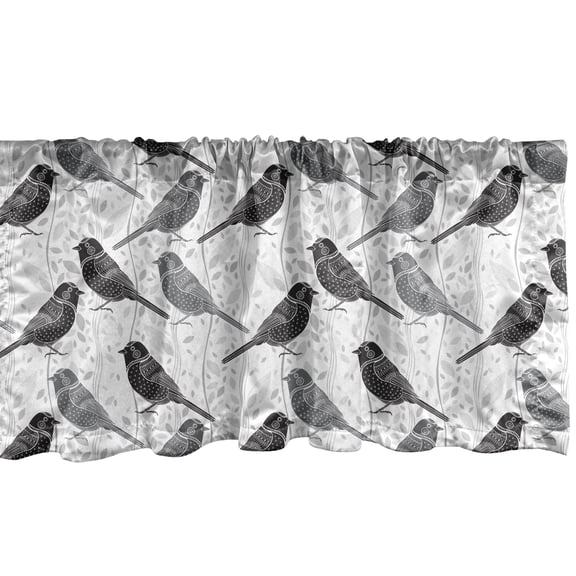Ambesonne Birds Window Valance, Silhouette of Damask Patterned Northern Mockingbirds on Fluctuating Leaves, Curtain Valance for Kitchen Bedroom Decor with Rod Pocket, 54" X 12", Grey Black White