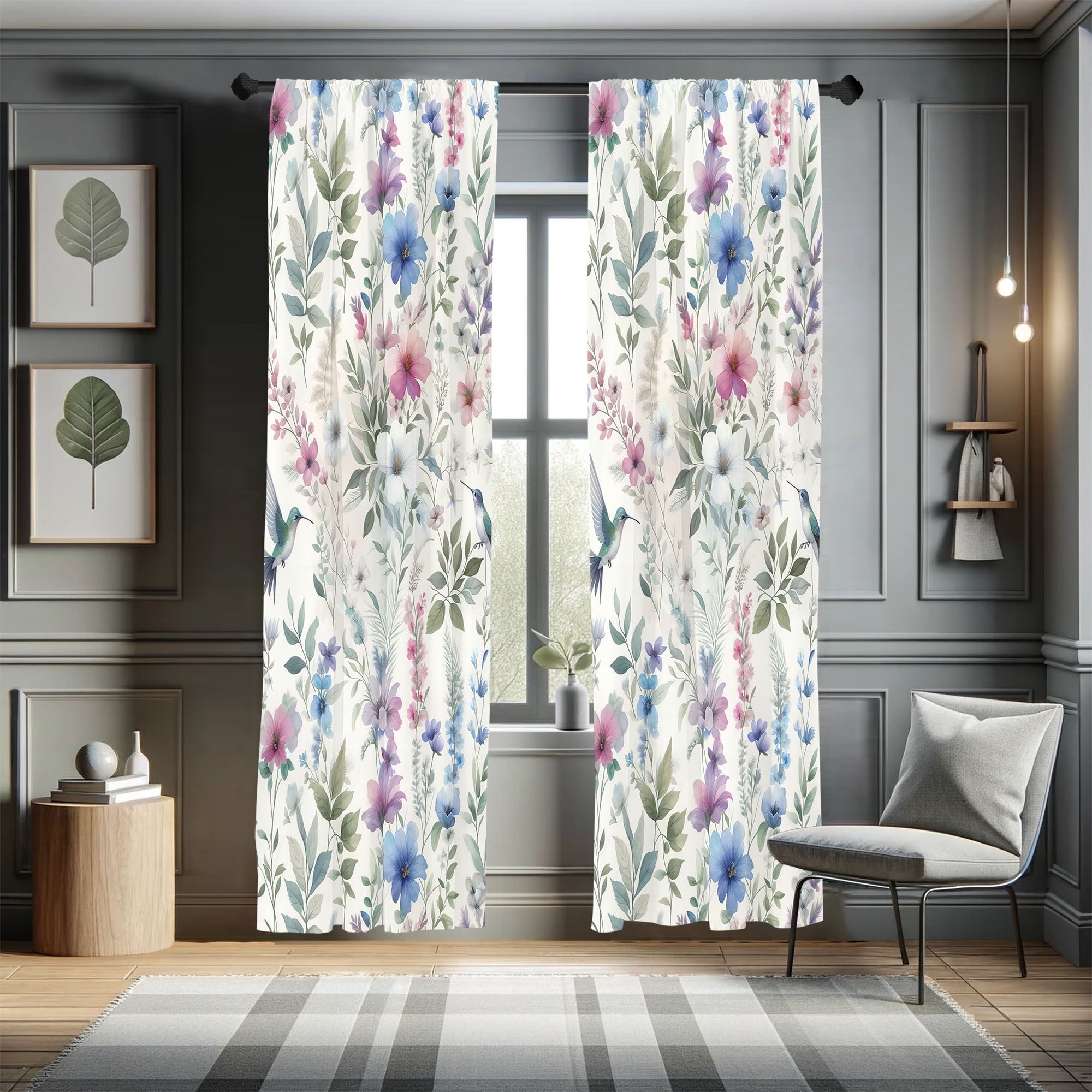 White and Green Floral Microfiber Window Curtain Set