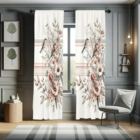 Ambesonne Birds and Nature Curtains 2 Panel Set, Floral Autumnal, Pair of - 28" x 63", Pale Salmon Laurel Green