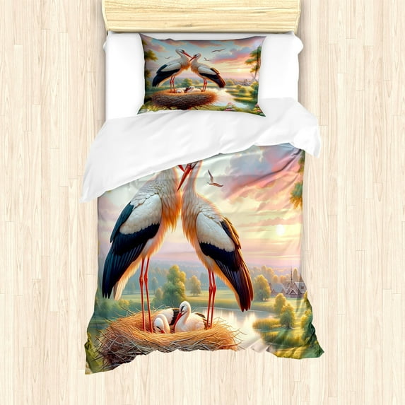 Ambesonne Birds and Nature Duvet Cover Set, Storks of Romance, Twin, Fern Green Multicolor