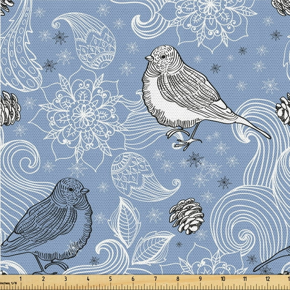 Ambesonne Birds and Nature Fabric by the Yard Upholstery, Floral Outline Art, 1 Yard, Lavender Blue White