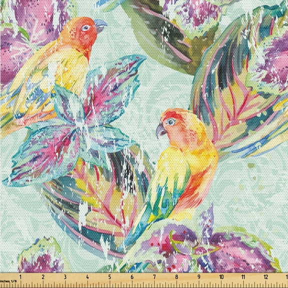 Ambesonne Birds and Nature Fabric by the Yard Upholstery, Grunge Art Parrot, 1 Yard, Mint Green Multicolor