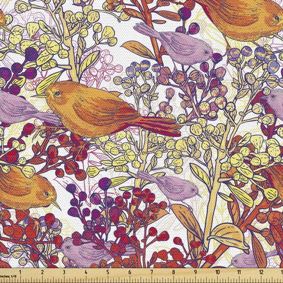 Ambesonne Birds and Nature Fabric by the Yard Upholstery, Art Floral Scene, 1 Yard, Burnt Sienna Dark Pink