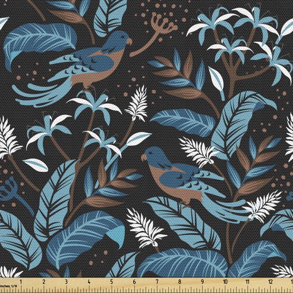 Ambesonne Birds and Nature Fabric by the Yard Upholstery, Exotic Leaves Boho, 1 Yard, Petrol Blue Umber Teal