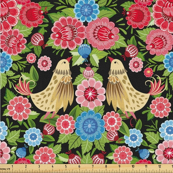 Ambesonne Birds and Nature Fabric by the Yard Upholstery, Flowers and Birds, 3 Yards, Dark Pink Pistachio Green