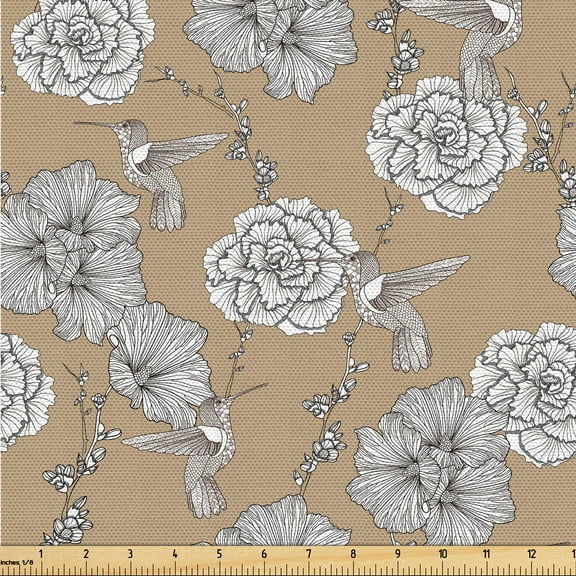 Ambesonne Birds and Nature Fabric by the Yard Upholstery, Hummingbird Floral, 1 Yard, Dark Khaki White