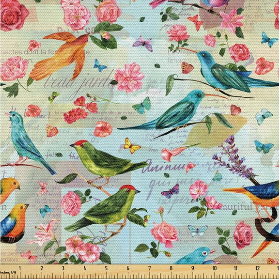 Ambesonne Birds and Nature Fabric by the Yard Upholstery, Watercolor Vintage, 2 Yards, Fern Green Vermilion