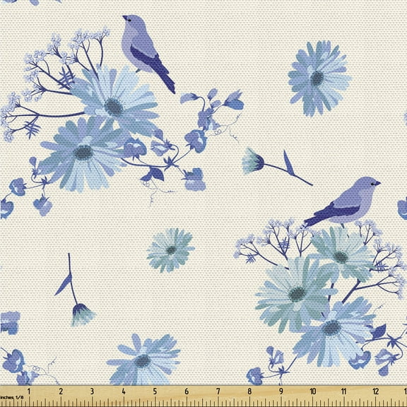 Ambesonne Birds and Nature Fabric by the Yard, Winged Animals Art, 10 Yards, Off White Ceil Blue