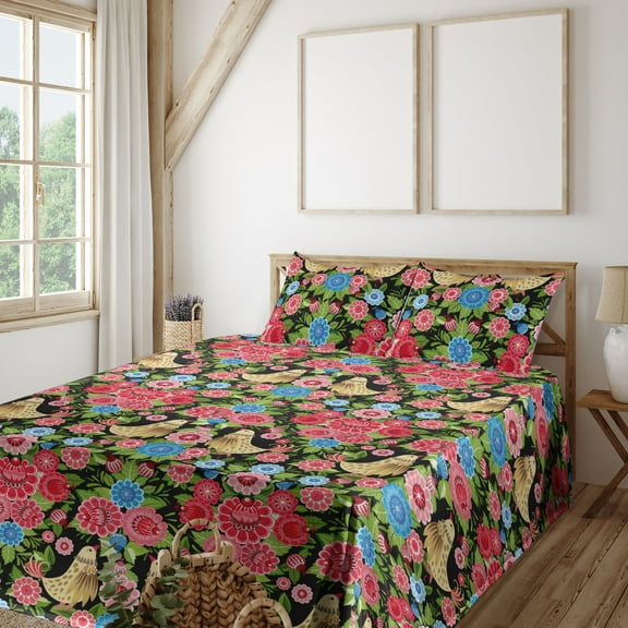 Ambesonne Birds and Nature Fitted & Flat Sheet with Sham 3 Pcs Set, Flowers and Birds, Twin, Dark Pink Pistachio Green