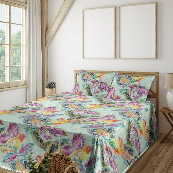 Ambesonne Birds and Nature Fitted & Flat Sheet with Sham 3 Pcs Set, Grunge Art Parrot, Twin, Mint Green Multicolor
