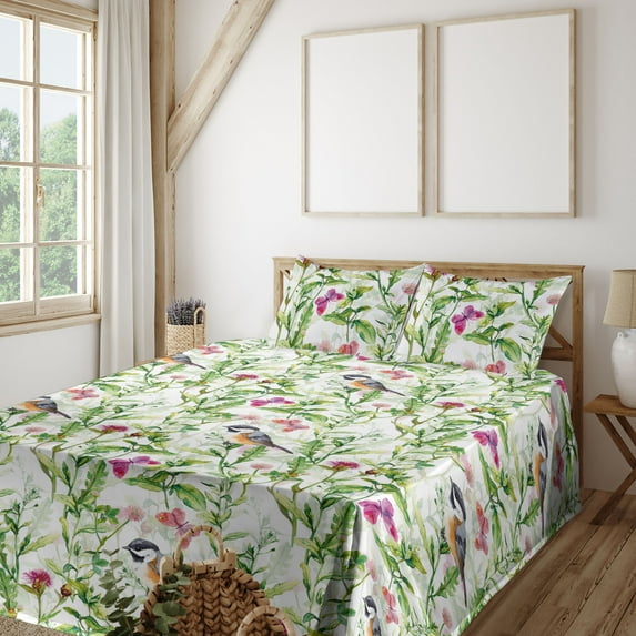 Ambesonne Birds and Nature Fitted & Flat Sheet with Sham 3 Pcs Set, Jungle Winged Art, Twin XL, Fern Green Magenta