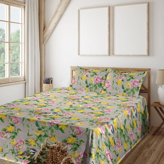 Ambesonne Birds and Nature Fitted & Flat Sheet with Sham 3 Pcs Set, Romantic Blooms, Twin XL, Mustard Fern Green Blush
