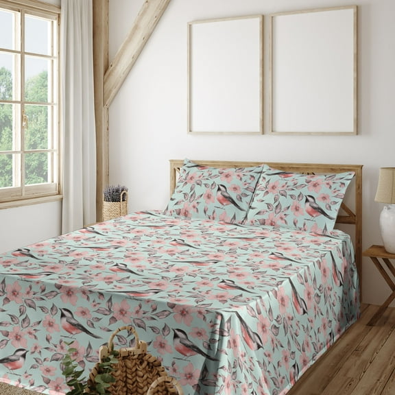 Ambesonne Birds and Nature Fitted & Flat Sheet with Sham 3 Pcs Set, Wings and Flowers, Twin, Pale Pink Almond Green