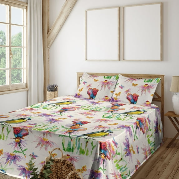 Ambesonne Birds and Nature Fitted & Flat Sheet with Shams 4 Pcs Set, Aquarelle Sparrow, King, Pale Fuchsia Fern Green