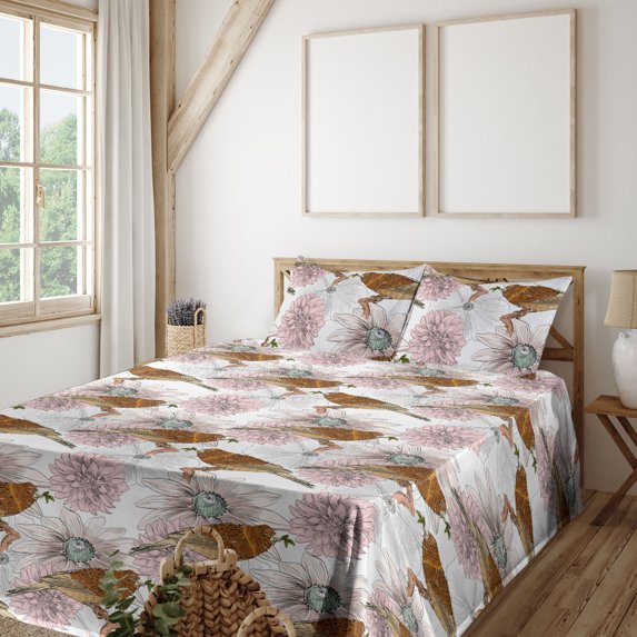 Ambesonne Birds and Nature Fitted & Flat Sheet with Shams 4 Pcs Set, Art Sketchy Flower, Queen, Paprika Pale Pink White