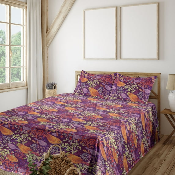 Ambesonne Birds and Nature Fitted & Flat Sheet with Shams 4 Pcs Set, Fantasy Animals, Calking, Purple Orange and Lilac