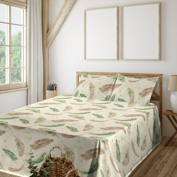 Ambesonne Birds and Nature Fitted & Flat Sheet with Shams 4 Pcs Set, Feathers Pattern, King, Pale Green Fern Green