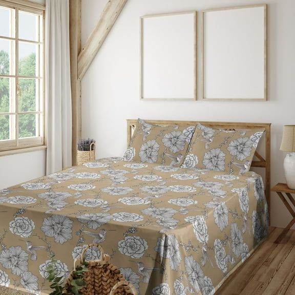 Ambesonne Birds and Nature Fitted & Flat Sheet with Shams 4 Pcs Set, Hummingbird Floral, King, Dark Khaki White