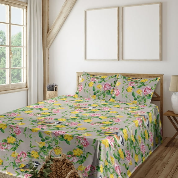 Ambesonne Birds and Nature Fitted & Flat Sheet with Shams 4 Pcs Set, Romantic Blooms, Calking, Mustard Fern Green Blush