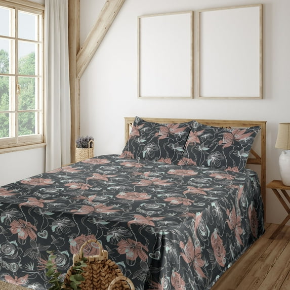 Ambesonne Birds and Nature Fitted & Flat Sheet with Shams 4 Pcs Set, Spring Roses Wingy, Full, Coral Pale Blue