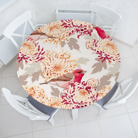 Ambesonne Birds and Nature Fitted Round Tablecloth, Art Vintage Floral, 36"- 40" Diameter, Dark Pink Champagne and Dust