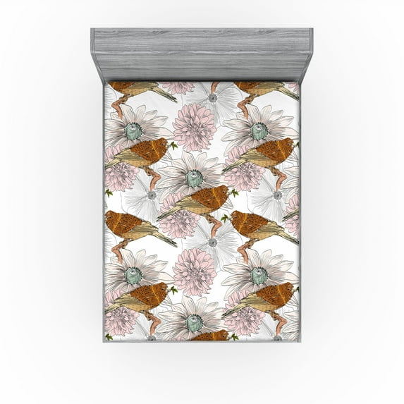 Ambesonne Birds and Nature Fitted Sheet, Art Sketchy Flower, Queen Size, Paprika Pale Pink White