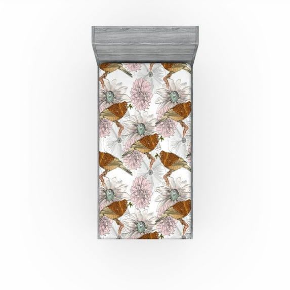 Ambesonne Birds and Nature Fitted Sheet, Art Sketchy Flower, Twin Size, Paprika Pale Pink White