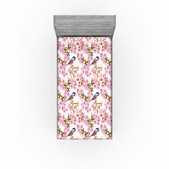 Ambesonne Birds and Nature Fitted Sheet, Asian Art Cherry, Twin Size, Off White Pale Pink