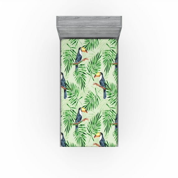 Ambesonne Birds and Nature Fitted Sheet, Exotics Toucan Art, Twin Size, Purpleblue Fern Green