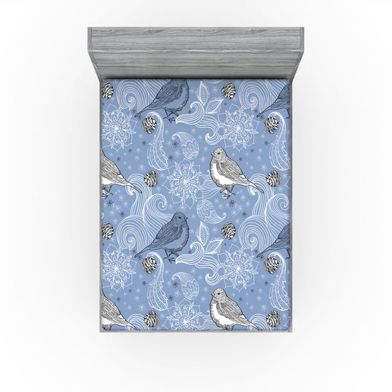 Ambesonne Birds and Nature Fitted Sheet, Floral Outline Art, King Size, Lavender Blue White
