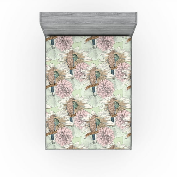 Ambesonne Birds and Nature Fitted Sheet, Floral Watercolor, King Size, Pale Pink Dark Mustard