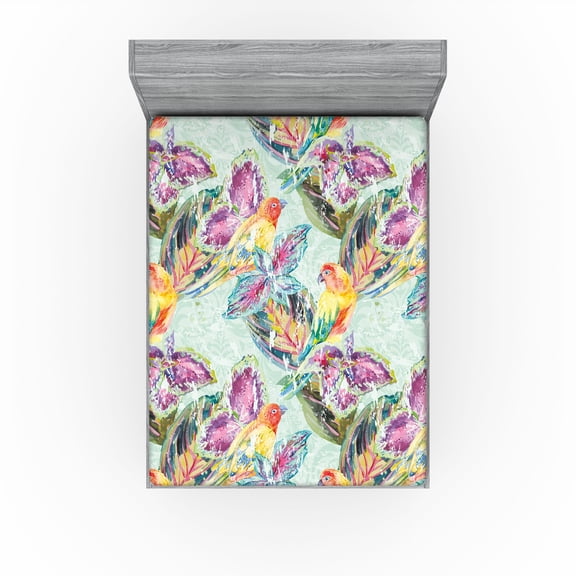 Ambesonne Birds and Nature Fitted Sheet, Grunge Art Parrot, California King, Mint Green Multicolor