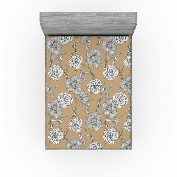 Ambesonne Birds and Nature Fitted Sheet, Hummingbird Floral, California King, Dark Khaki White