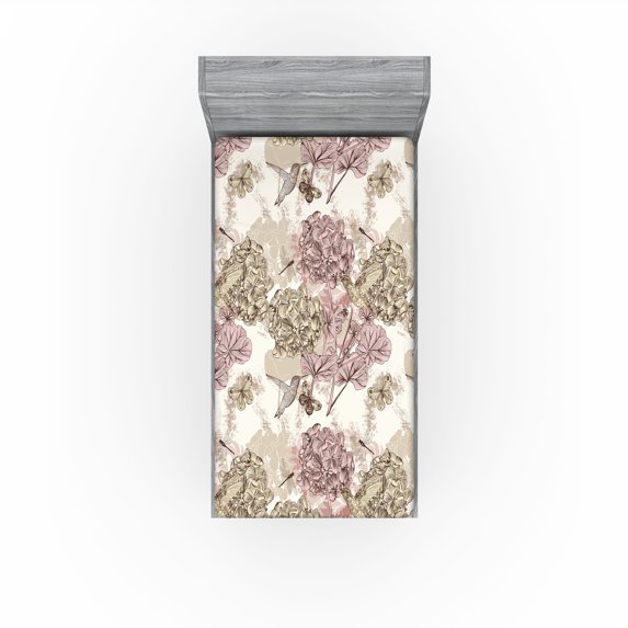 Ambesonne Birds and Nature Fitted Sheet, Hummingbirds Flora, Twin Size, Pastel Yellow Pale Pink