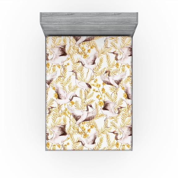 Ambesonne Birds and Nature Fitted Sheet, Simple Crane Art, California King, Marigold Dried Rose Ivory